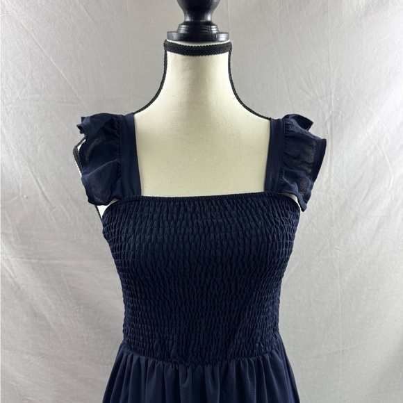 Shirred Guipure Lace Insert Ruffle Hem Dress Blue - Picture 8 of 10